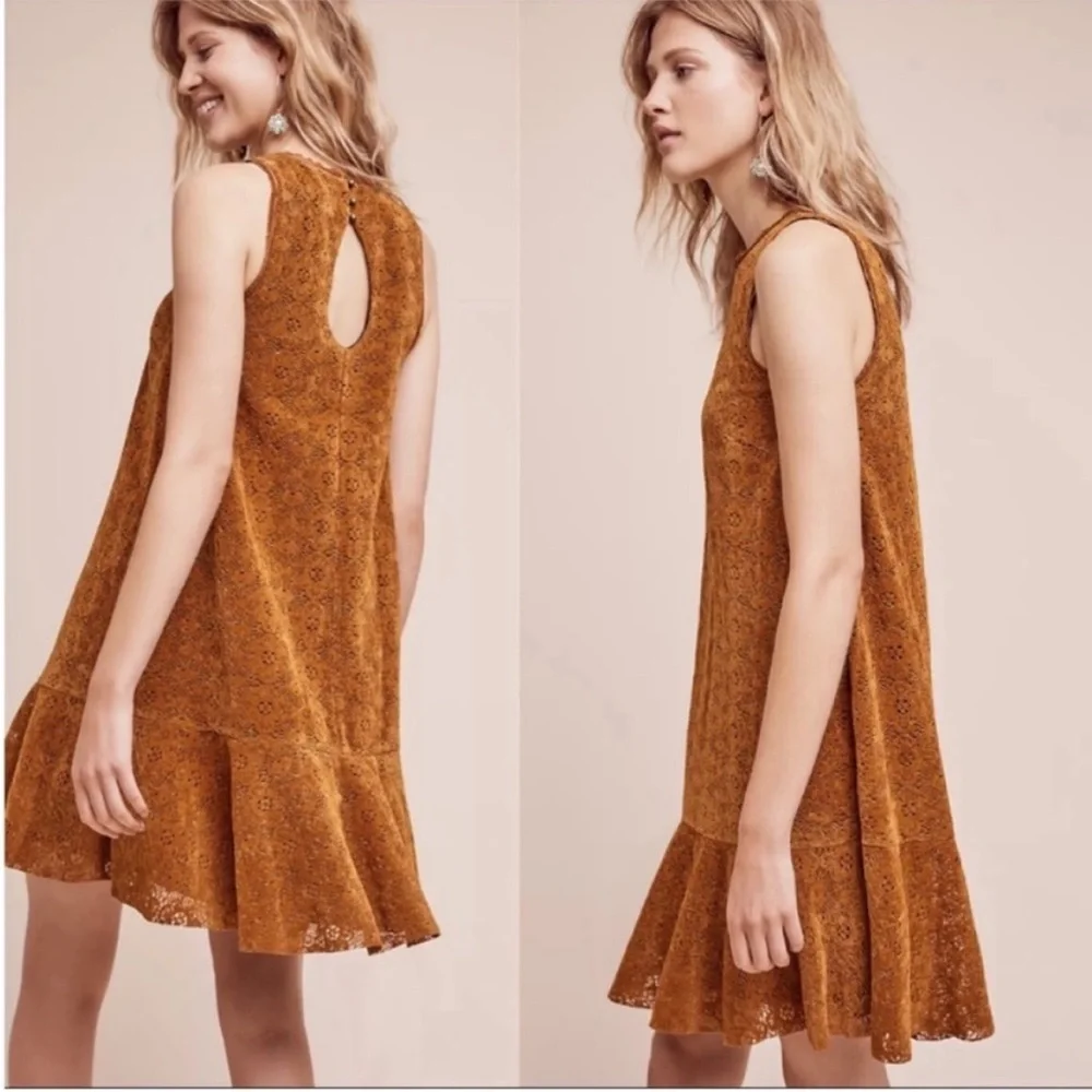 NWOT Anthropologie Maeve Faux Suede Lace Drop Waist Dress In Brown Size 6 - Picture 3 of 13